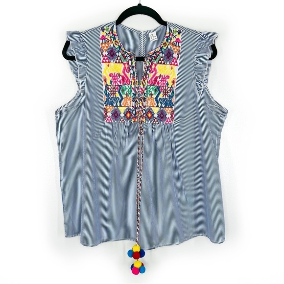 Floerns Ruffle Striped Embroidered Babydoll Blouse - Picture 1 of 9